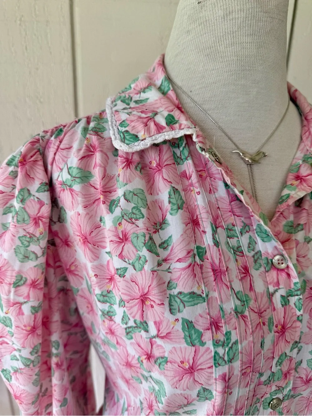 Vtg 80s  Models Coat Pink Floral XL House Dress Robe Puff Sleeve Sz L Cottage